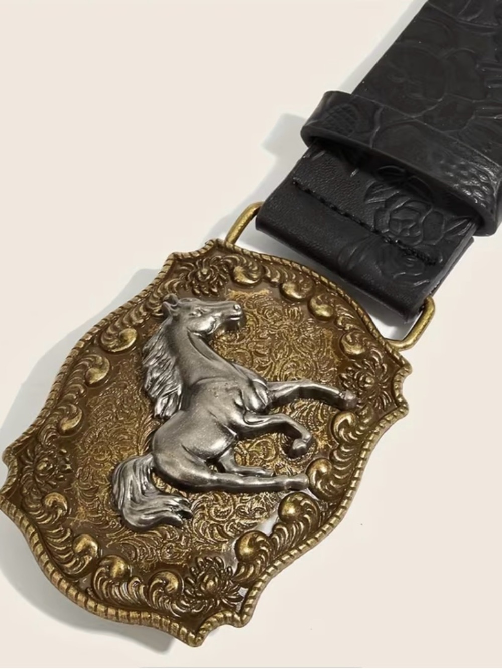 Western Black PU Leather Belt with Decorative Horse Buckle in Antique Gold - Picture 4 of 5